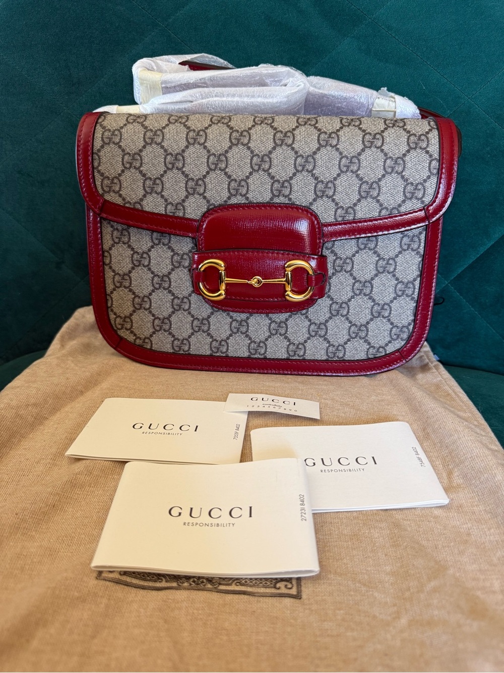 Gucci Beige GG Supreme Canvas Shoulder Bag with Red Leather Trim